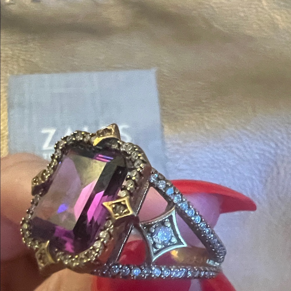 Bright Purple Blue Amethyst Gemstone Ring with Antique Rose Gold Accents& CZhalo